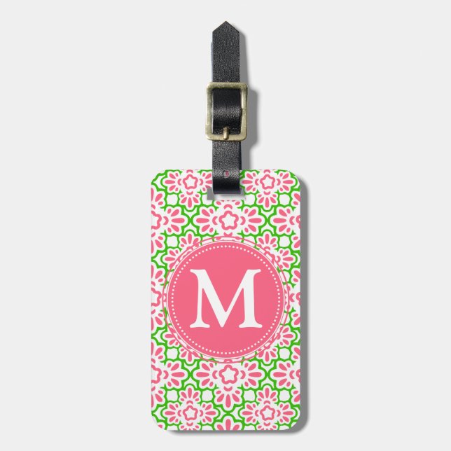 Damastast rosa- & gröntpersonlig för elegant bagagebricka (Vertikal Framsida)