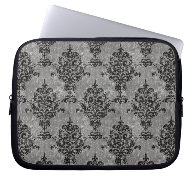 Damastsvart på den gråa Fauxstenen Laptop Sleeve (Framsidan)
