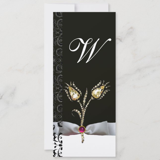 DAMASTTULPANER ,Rosa Svart Vit Damask Monogram Inbjudningar (Framsida)