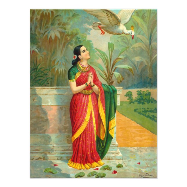 Damayanti och Svan av Raja Ravi Varma Fototryck (Framsidan)