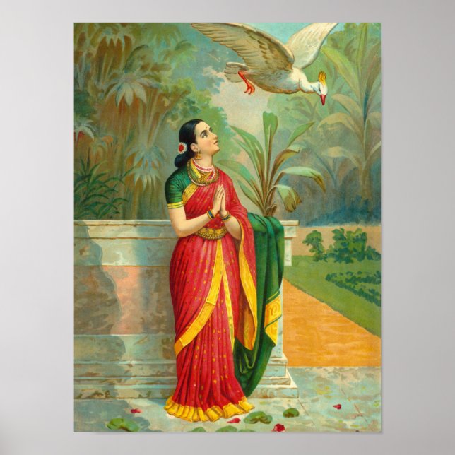 Damayanti och Svan av Raja Ravi Varma Poster (Framsidan)