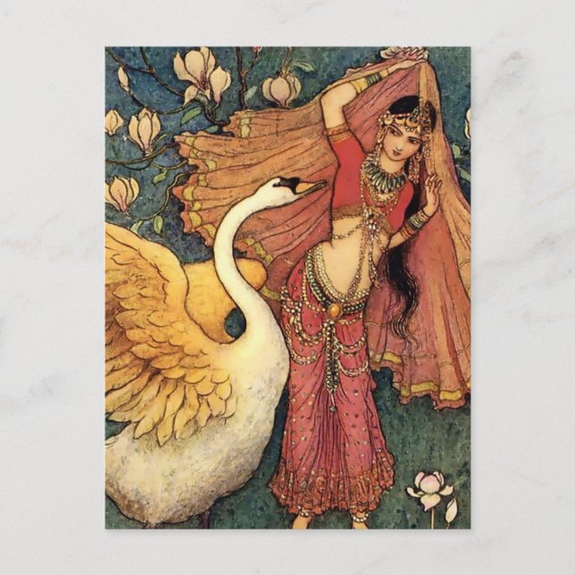 “Damayanti och svanen” av Warwick Goble Vykort (Framsida)