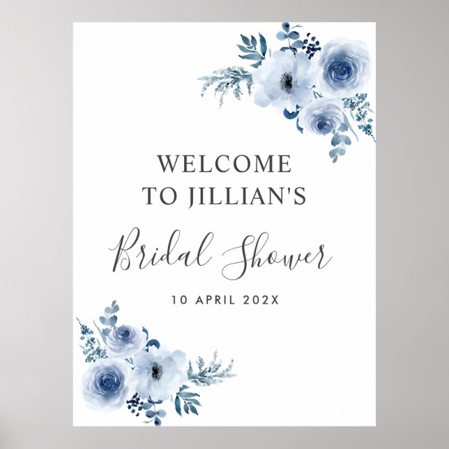 damblå blomsterbröllopsfest välkomstskylt poster (Framsidan)