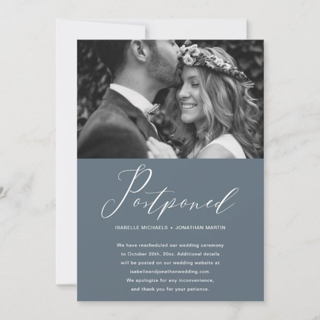 Damblå bröllopsförsenad nytt datum foto meddelande (Framsida)