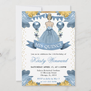Damblå klänning Blond prinsessa Quinceanera Inbjudningar