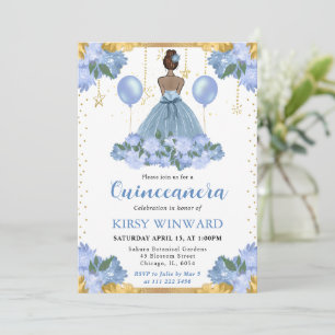 Damblå klänning Mörkhyad prinsessa Quinceanera Inbjudningar