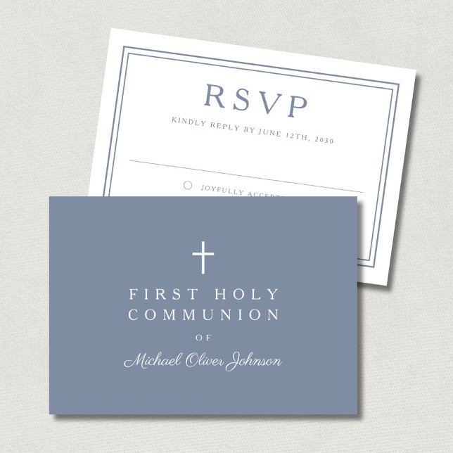 Damblå Kors Pojke Första Nattvarden  OSA Kort (Dusty Blue Cross Boy First Holy Communion RSVP Card)