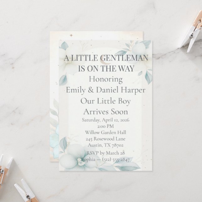 Damblå Narciss Bebispojke Födelsedagsfest Inbjudan (Fram/Back In Situ)