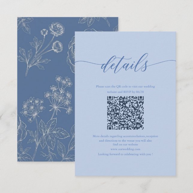 damblå qr blommig trädgård klassiska detaljer kort (Fram/baksida)