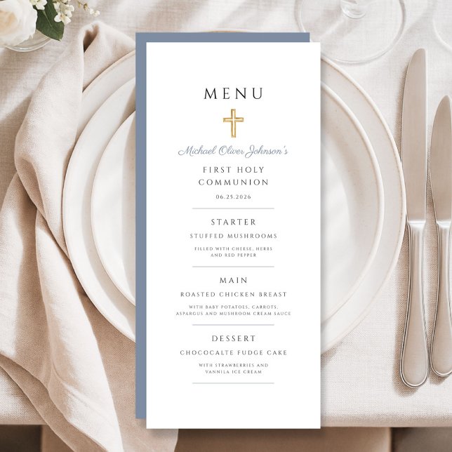Damblå religiöst kors pojke första kommunion meny (Dusty Blue Religious Cross Boy First Communion Menu)
