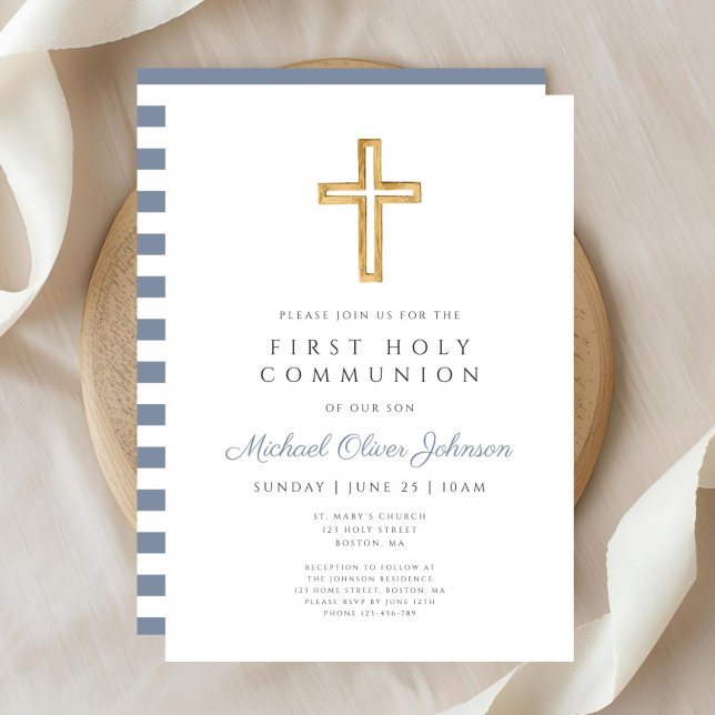 Damblå religiöst kors pojke första nattvarden inbjudningar (Dusty Blue Religious Cross Boy First Communion Invitation)
