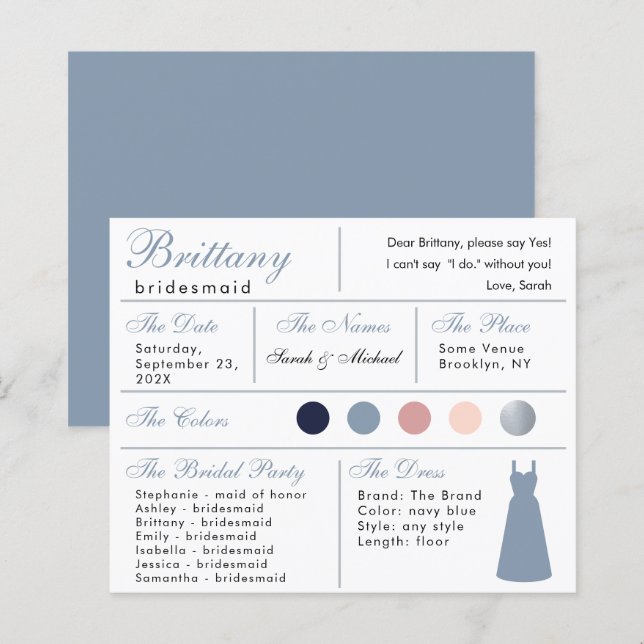 Damblå Silver Brudtärna Informationskort (Fram/baksida)