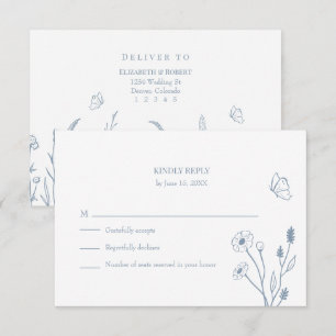 Damblå vilda blommor och fjärilar RSVP-kort Tack Kort
