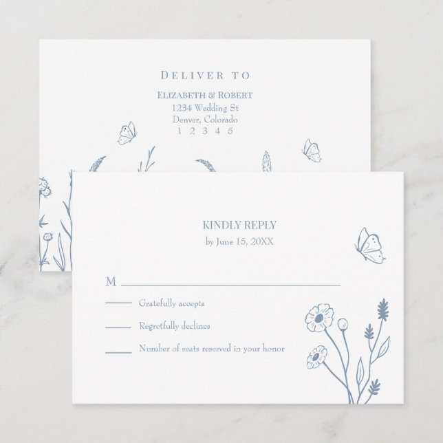 Damblå vilda blommor och fjärilar RSVP-kort Tack Kort (Fram/baksida)