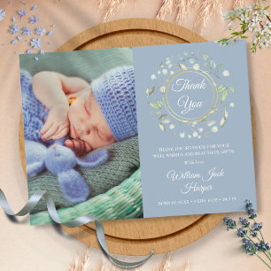 Damblått Baby Foto Blommig Tacksamhet Födelse Meddelande Vykort