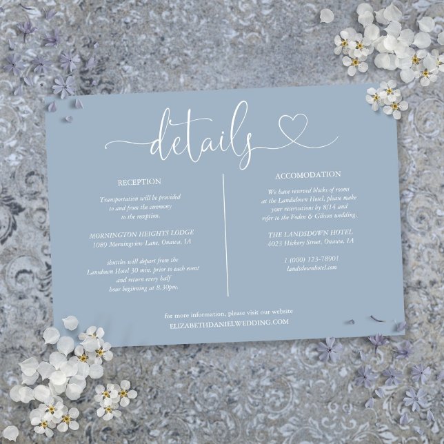 Damblått hjärtskript Detaljer Informationskort Inbjudningar (Dusty Blue Heart Script Details Information Card)