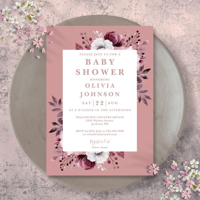 Damdaggig rosa akryl blomster baby shower inbjudningar (Dusty Rose Watercolor Country Floral Baby Shower Invitation)