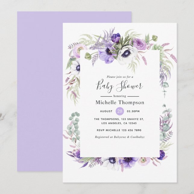 Damdammig violett blomsterbabyfest inbjudningar (Fram/baksida)