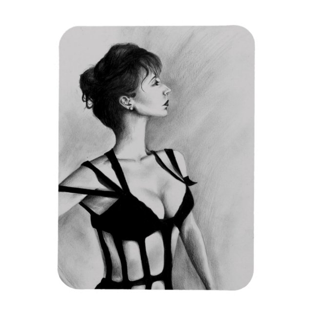 Dame Original Art Porträtt Teckning Magnet (Vertikal)