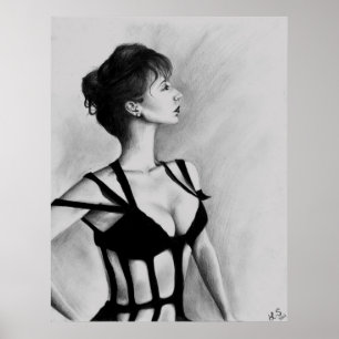 Dame Original Art Porträtt Teckning Poster