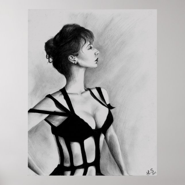 Dame Original Art Porträtt Teckning Poster (Framsidan)