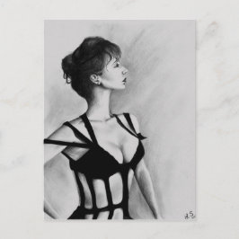 Dame Original Art Porträtt Teckning vykort
