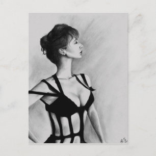 Dame Original Art Porträtt Teckning vykort