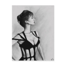 Dame Original Art Porträtt Teckning vykort