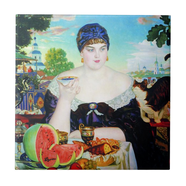 Damen som dricker Tea med katten, belägger med Kakelplatta (Framsidan)