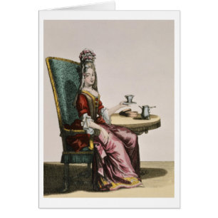 Damen som tar kaffe, mode pläterar, c.1695 hälsningskort