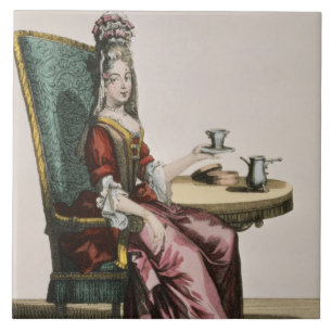 Damen som tar kaffe, mode pläterar, c.1695 kakelplatta