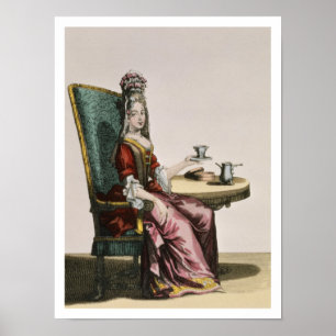 Damen som tar kaffe, mode pläterar, c.1695 poster
