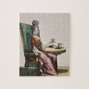 Damen som tar kaffe, mode pläterar, c.1695 pussel
