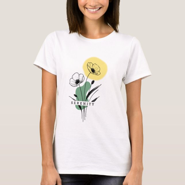 Damens Eleganta Blommiga Vallmo Serenitet T-Shirt (Framsida)