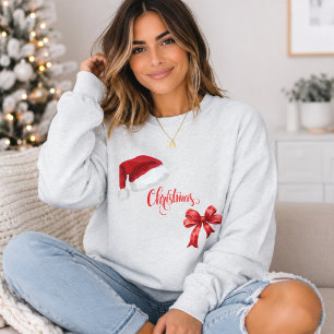 Damens jul Santa hatt & röd rosett Grafik T Shirt