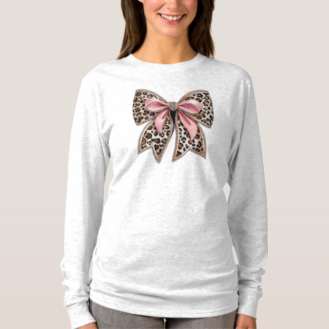 Damens leopardtryck och rosa slinga långärmad  t shirt (Framsida)