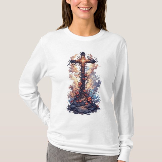 Damens snygga kristna kors långärmad t-shirt (Framsida)