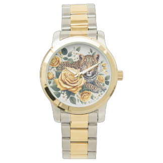 Damenuhr mit Leoparden und Rosen Armbandsur
