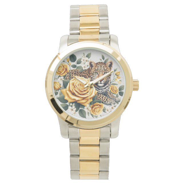 Damenuhr mit Leoparden und Rosen Armbandsur (Framsida)