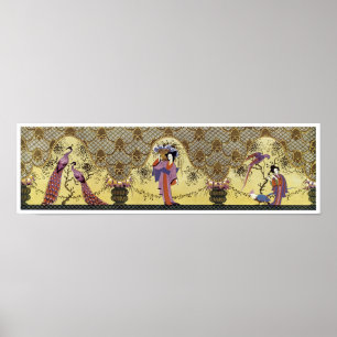Damer och påfåglar för art déco japanska poster