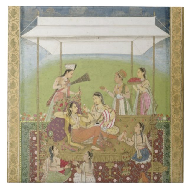 Damer som lyssnar till musik i en trädgård, från kakelplatta (Framsidan)