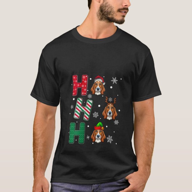 Damernas Ho Ho Ho Basset Hound Hund Matchande Jul T Shirt (Framsida)