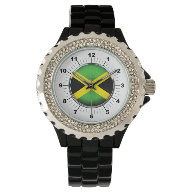 Damernas Jamaica Flagga Rhinestone Black Enamel Wa Armbandsur (Framsida)