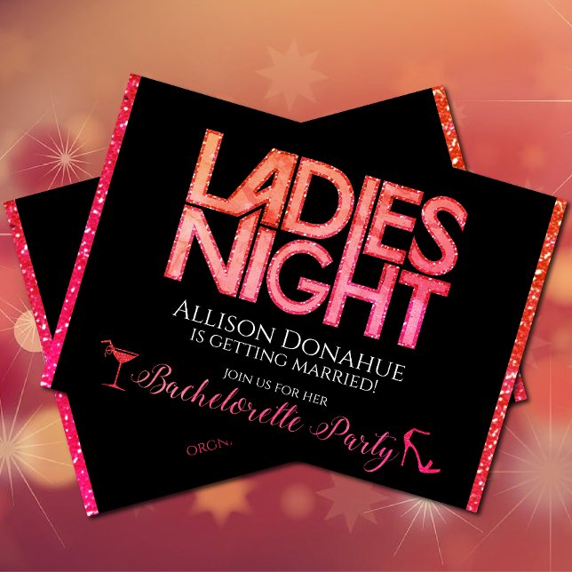 Damernas Kväll Inbjudningar (Ladies Night Bachelorette party with bright pink and orange coloring)