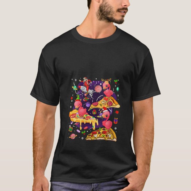 Damernas Tre Santa Ren Flamingos Riding Pizza T Shirt (Framsida)