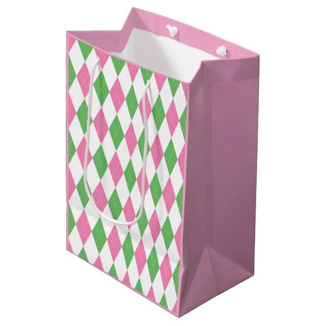 Damgolfsliggans presentpåse – Rosa och grön argyle (Framsidan Vinklad)