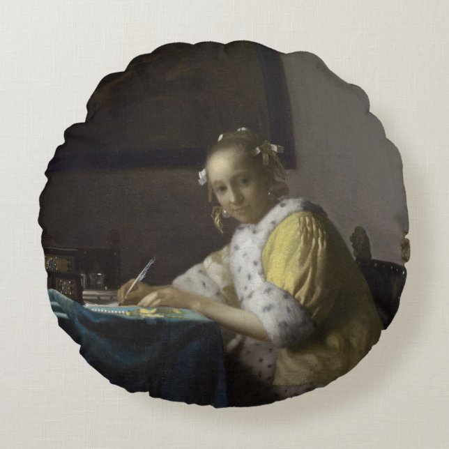 Damhandstil ett brev av Johannes Vermeer Rund Kudde (Framsidan)