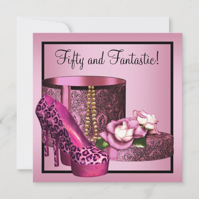 Damhöga skor Rosa Leopard 50-årsdag Inbjudningar (Framsida)