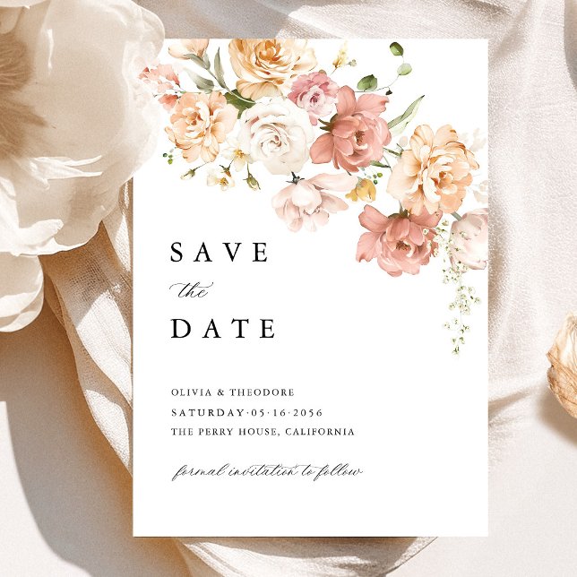 Damigrosa ros blommande bröllop spara datumet (Dusty Pink Rose Floral Save the Date Card, garden wedding announcement, romantic wedding stationery)