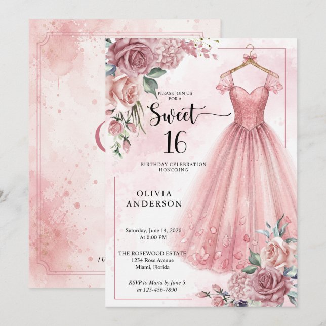 Damigrosa Sweet 16 Blommig Klänning Inbjudningar (Fram/baksida)